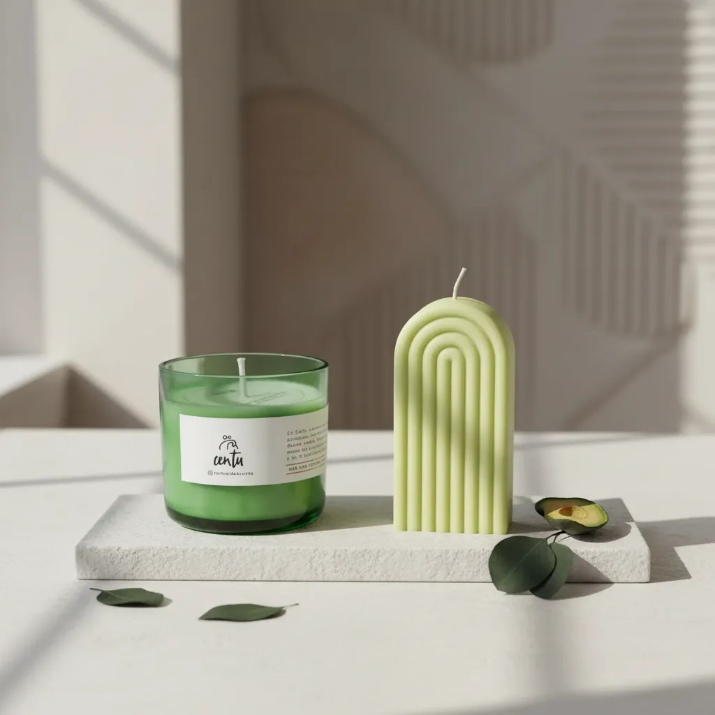 Aroma Box con vela verde y vela decorativa en ambientación natural