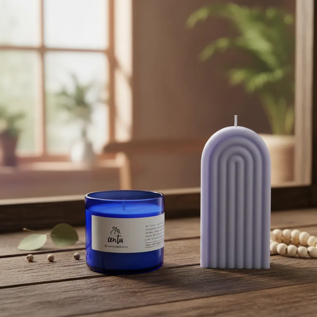 Las dos velas del Aroma Box: vela aromática azul y vela arcoíris decorativa